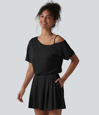 Combishort casual asymétrique manches courtes plissé en nid d'abeille avec poches - Édition Easy Peasy
