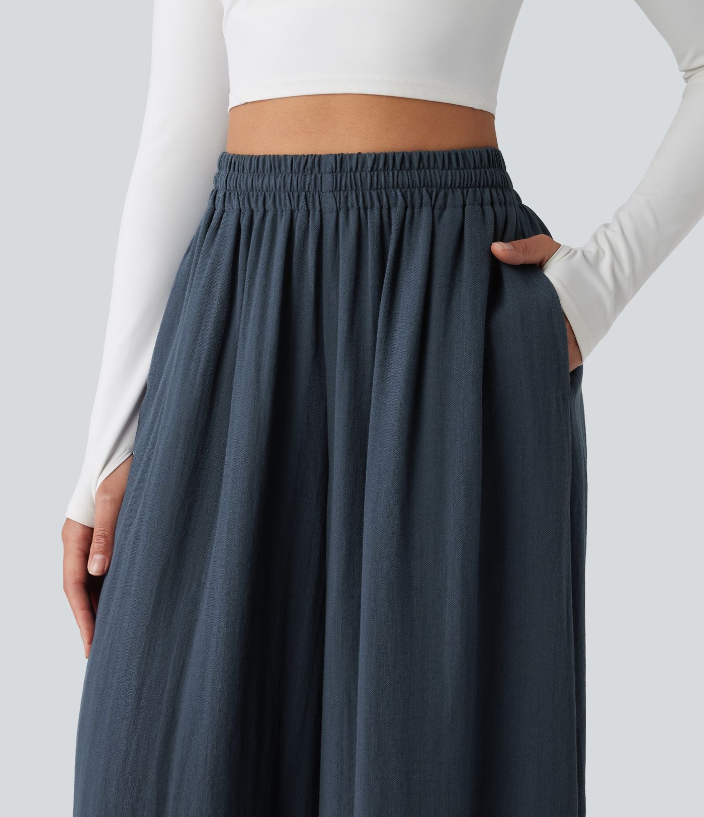 Pantalon large fluide décontracté taille haute avec cordon de serrage intérieur avec poches