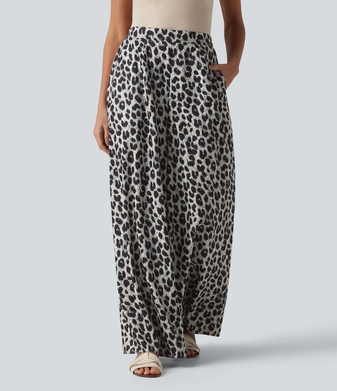Pantalon large casual taille haute imprimé léopard, avec poches