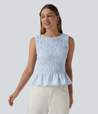 Top casual à rayures col bateau sans manches avec smocks et ourlet à volants