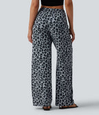 Pantalon large casual en maille gaufrée imprimé léopard taille mi-haute avec cordon de serrage et poches