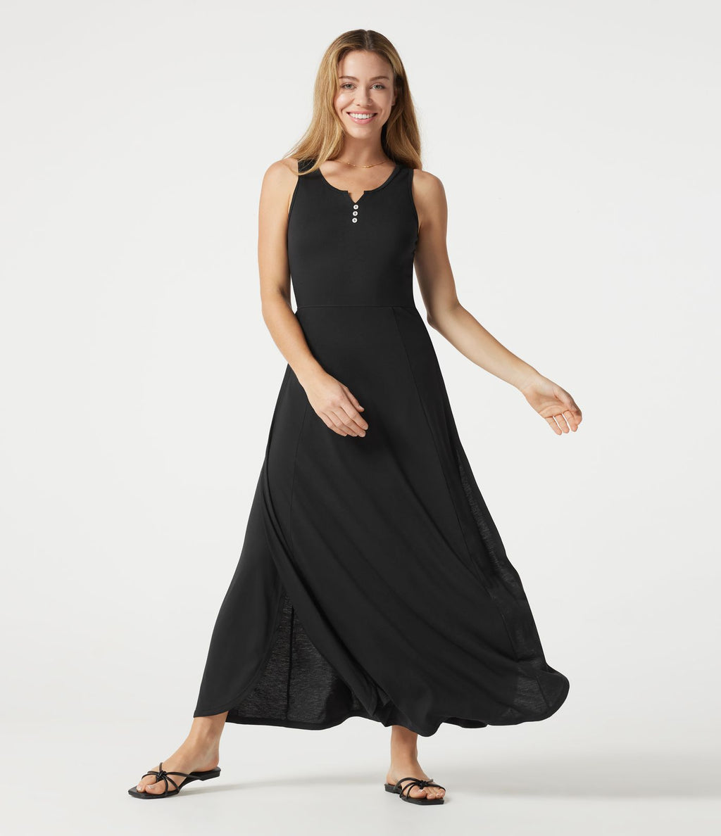 Robe longue fluide décontractée sans manches à col cranté et fente