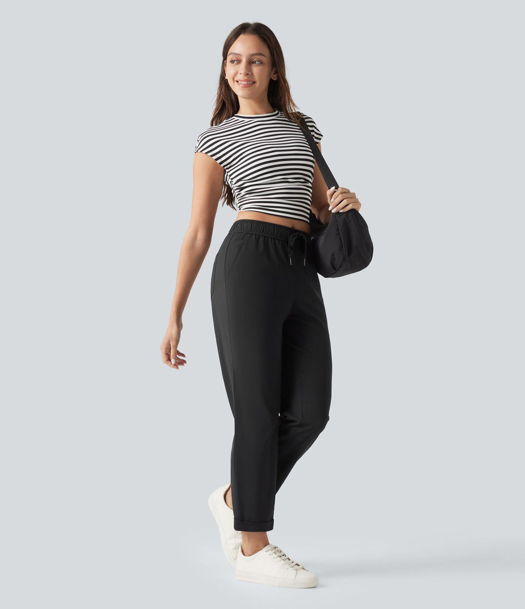 Pantalon ajusté décontracté taille mi-haute avec cordon de serrage, aspect lin extensible et poches