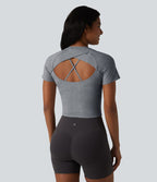 Haut de sport yoga col rond manches courtes avec soutien-gorge intégré