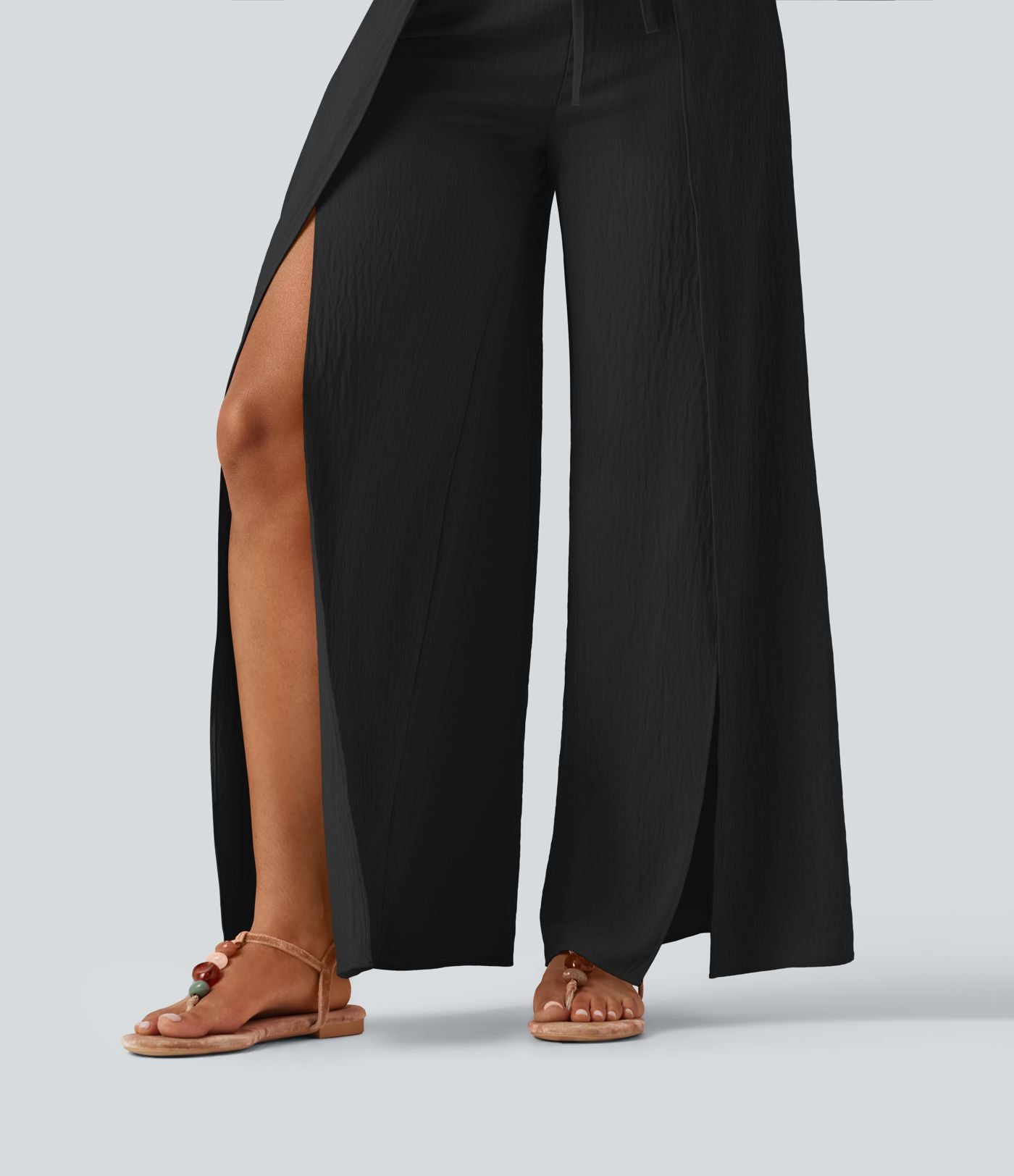 Pantalon ample fluide effet lin taille haute avec laçage