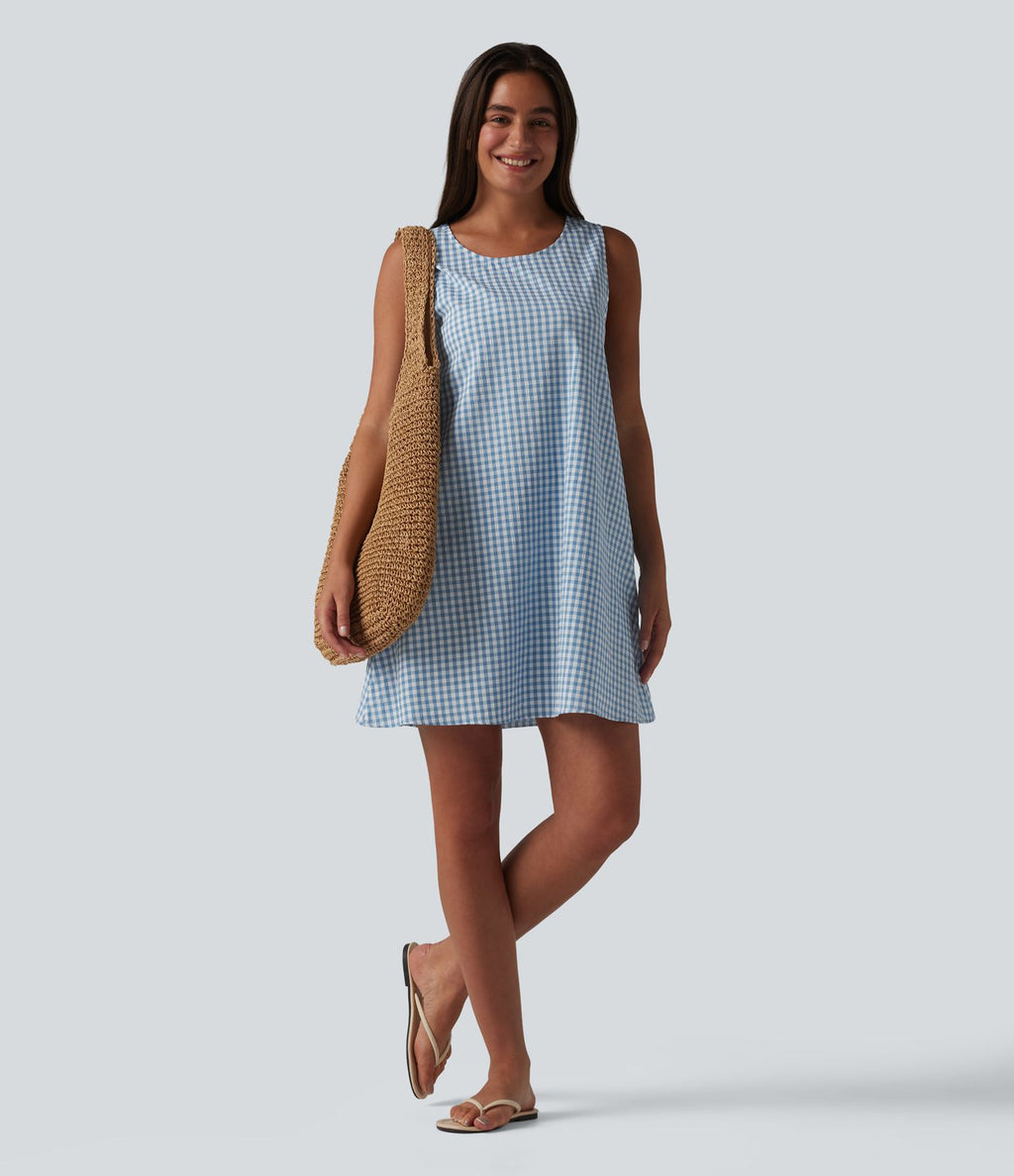 Robe débardeur mini décontractée col rond sans manches en vichy froissé avec poches