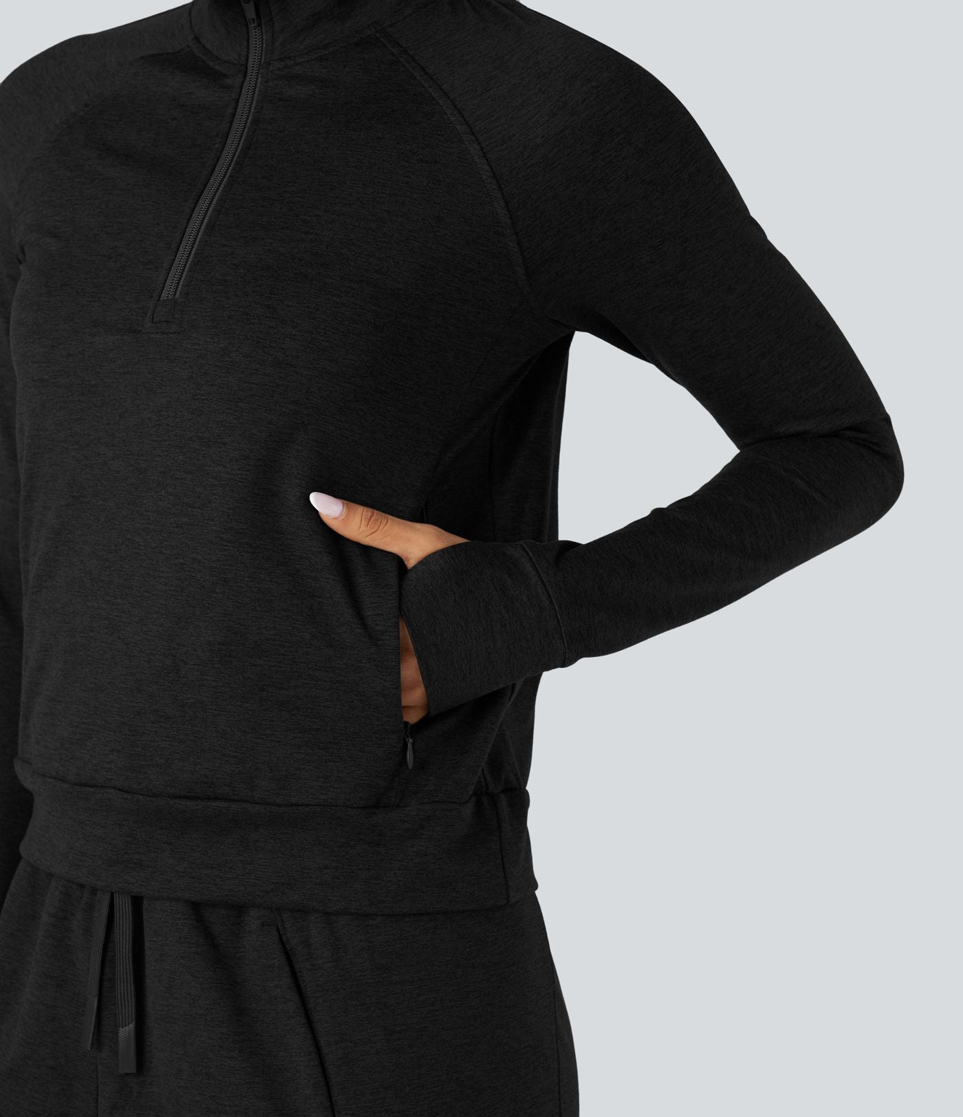 Sweat-shirt polaire thermique chiné séchage rapide demi-zip avec trous pouces et poches - UPF40+