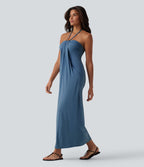 Robe longue dos nu col licou avec nœud et poches