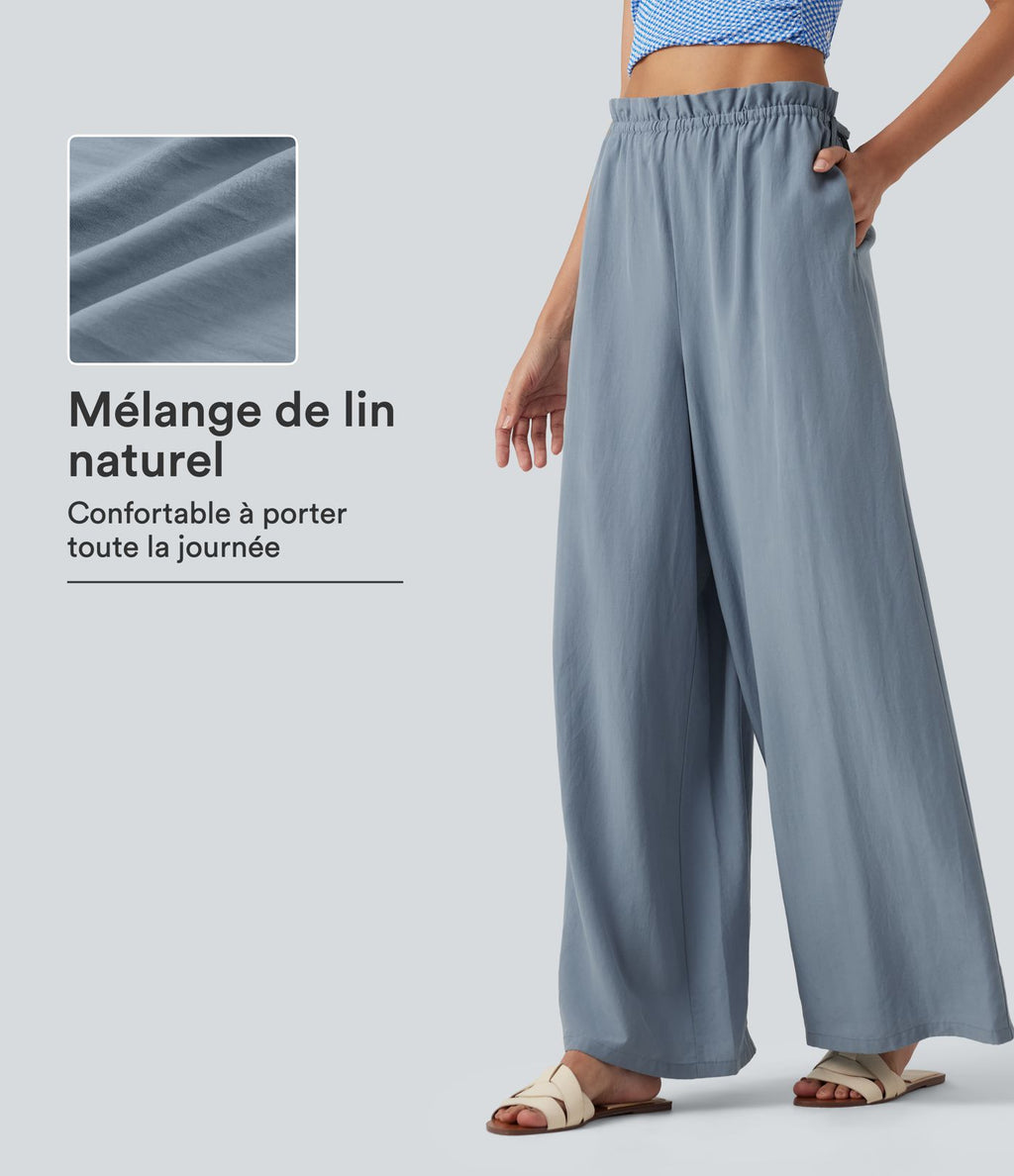 Pantalon baggy fluide casual en mélange de lin taille mi-haute à volants avec cordon et poches