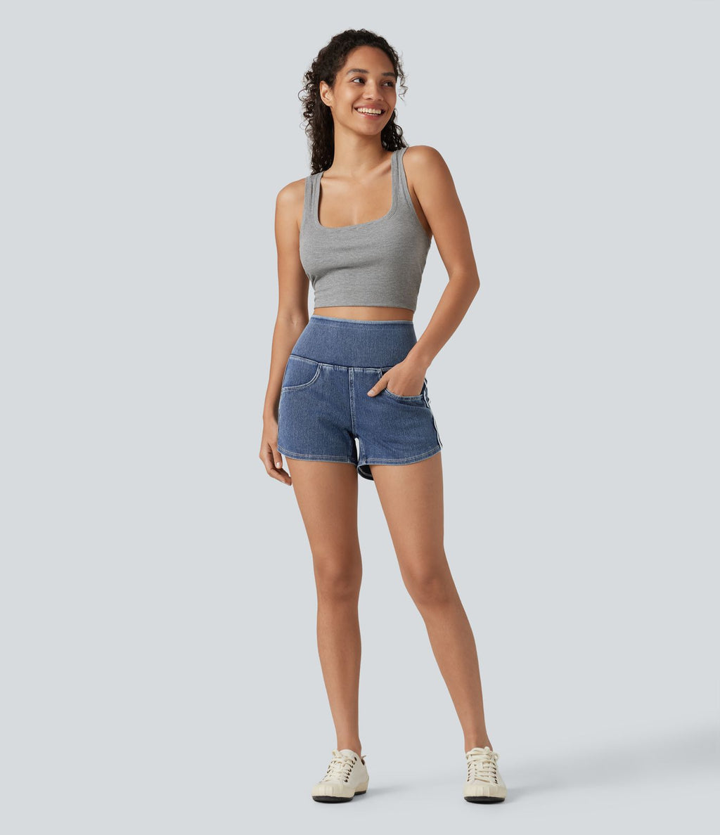 Short en jean rayé taille haute Halara Flex™ avec ourlet arrondi et poches