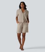 Chemise décontractée col cranté manches courtes en mélange lyocell et lin
