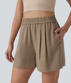 Short décontracté aspect lin taille haute avec poches