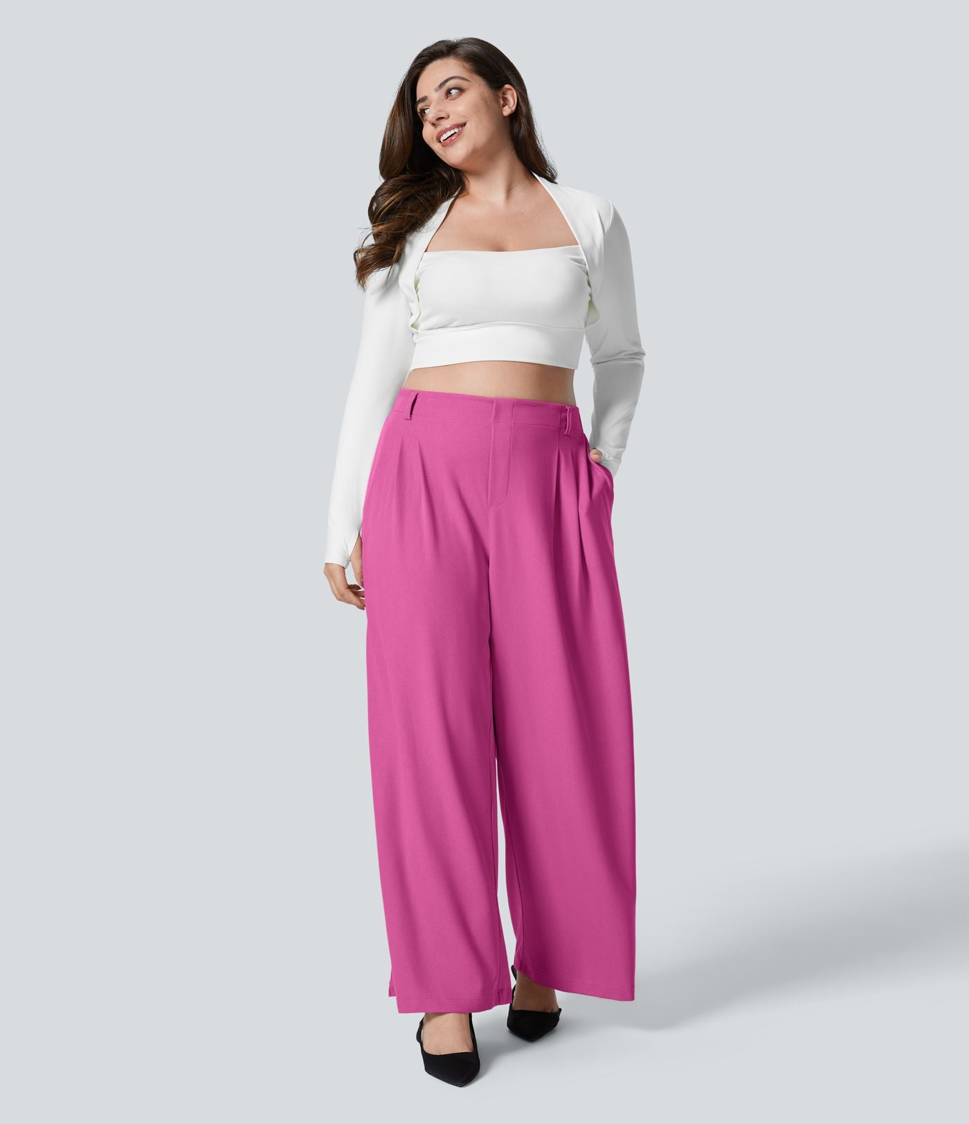 Halara Flex™ Pantalon tailleur Grande taille à Taille Haute, Poches Latérales Plissées, Jambes Larges, en Tissu Gaufré