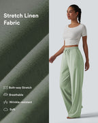 Pantalon large fluide en lin stretch taille haute avec cordon de serrage et poches