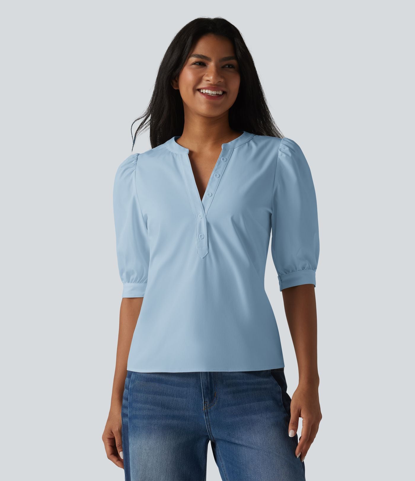 Blouse décontractée col Henley manches bouffantes mi-longues