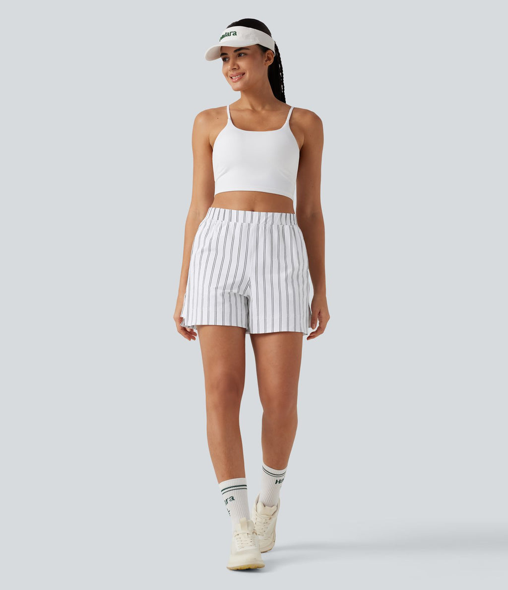 Short de tennis à rayures, taille haute, fente, 10 cm, à poches