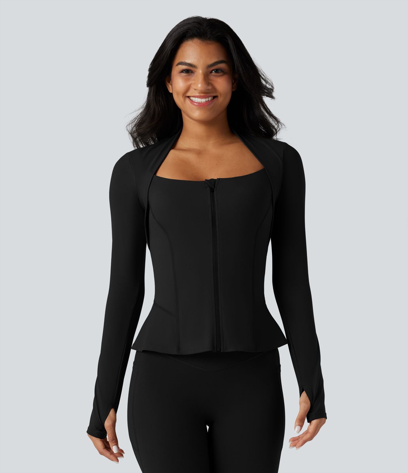Veste yoga push-up zippée à manches longues avec passants pouces et ourlet à volants Halara UltraSculpt™