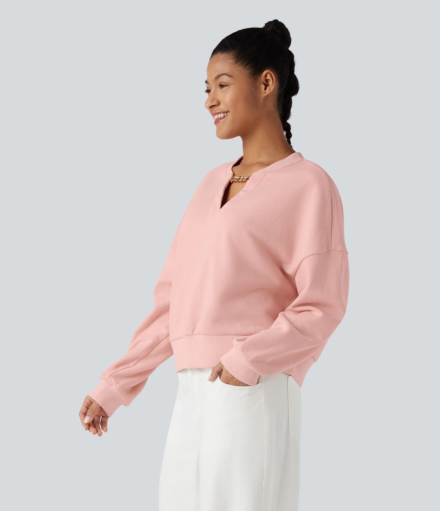 Sweat-shirt en coton col V avec chaîne à manches longues