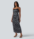 Robe mariage maxi en satin à pois froncée avec fermeture éclair invisible et lien noué dans le dos pour demoiselle d'honneur et invitée de mariage