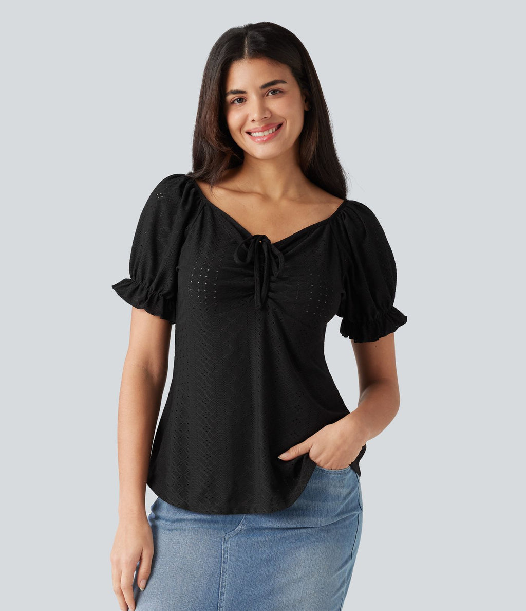 Blouse décontractée col V manches courtes bouffantes lacée ajourée