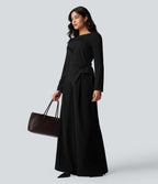 Blouse esprit bureau défroissage facile, encolure bateau, manches longues, fronces et lien côté