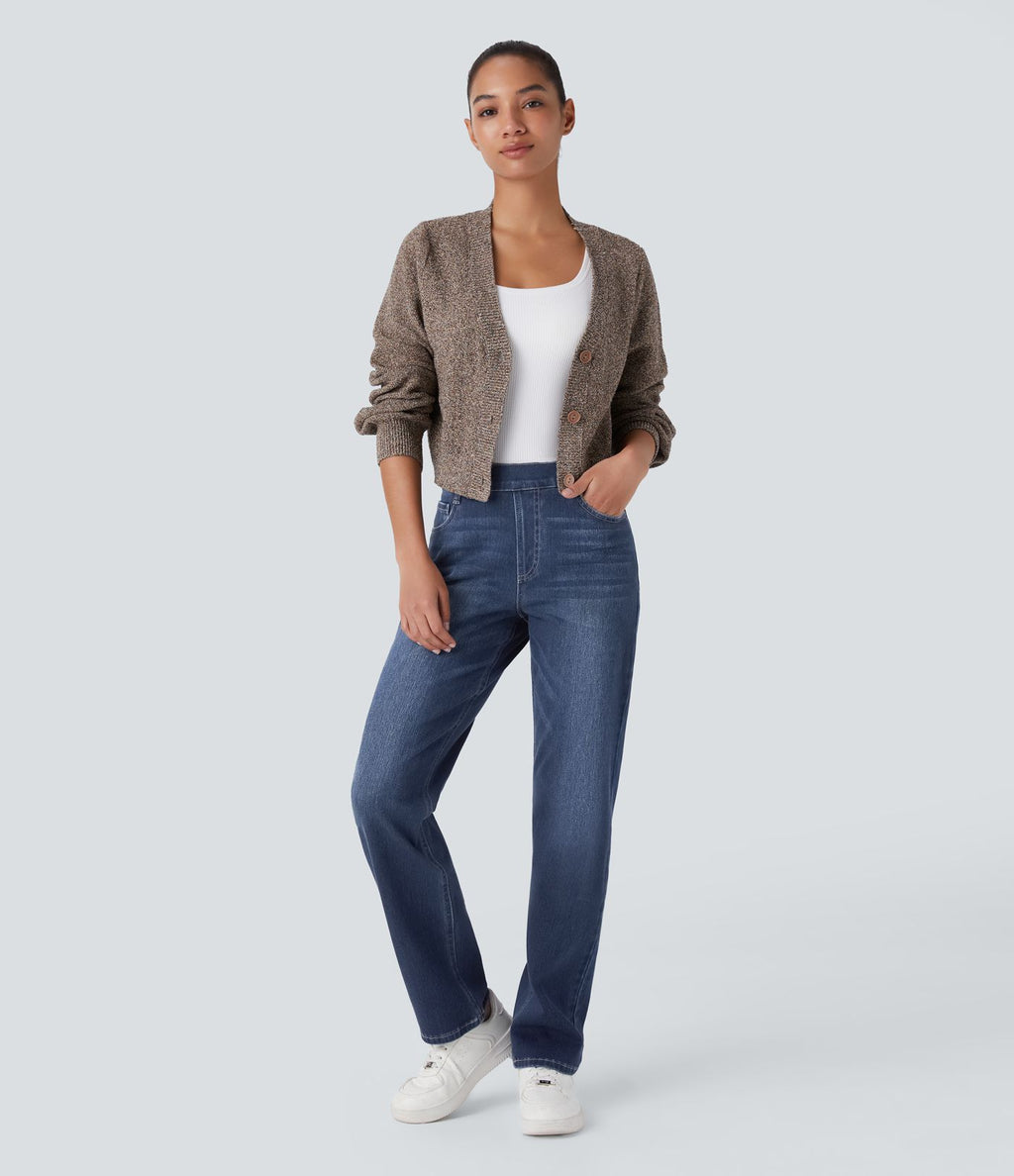 Jean droit Halara Flex™ à taille haute, poches multiples, effet délavé et tissu extensible