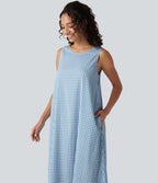 Robe débardeur midi décontractée en vichy froissé, col rond, sans manches, à poches