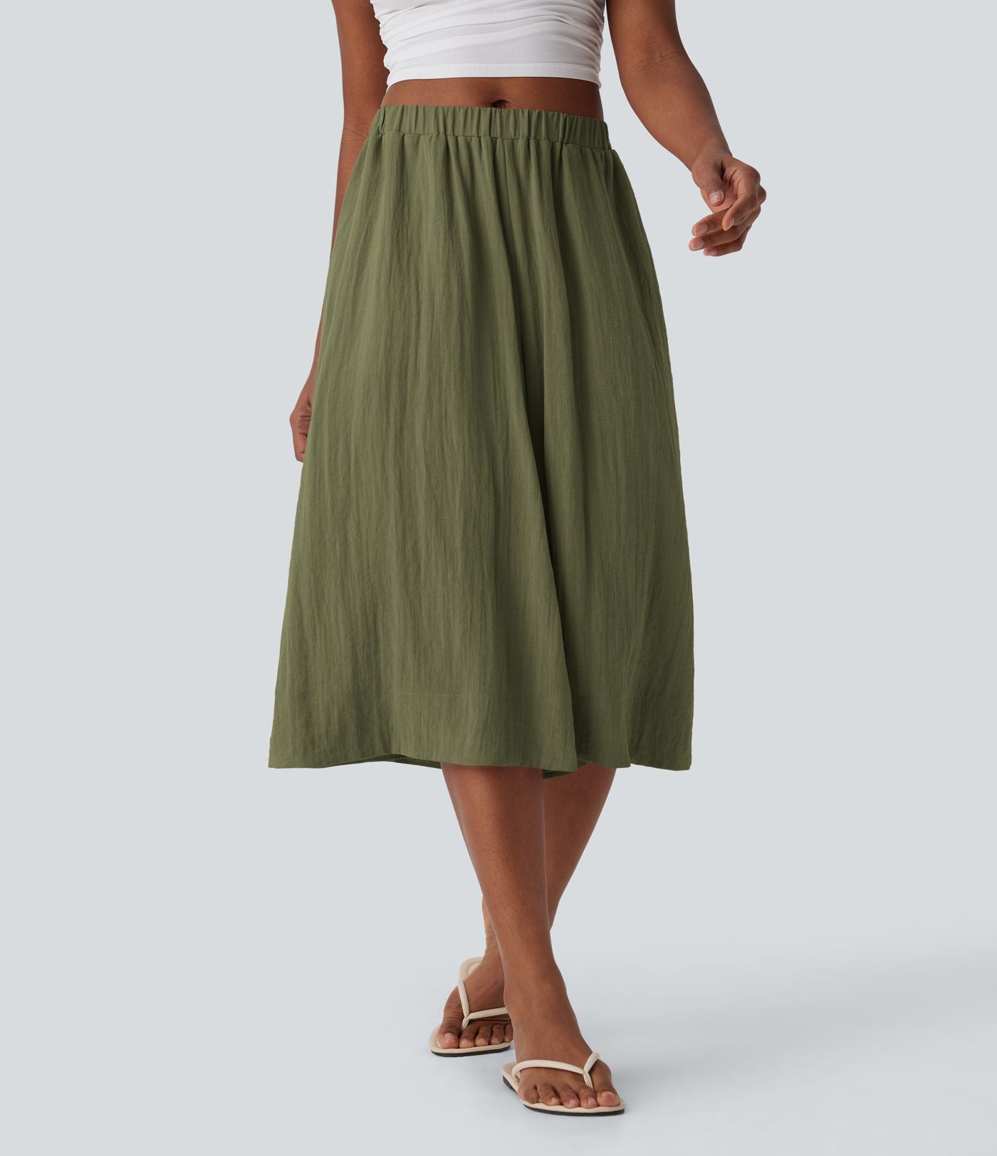 Pantalon fluide large taille mi-haute effet lin avec poche
