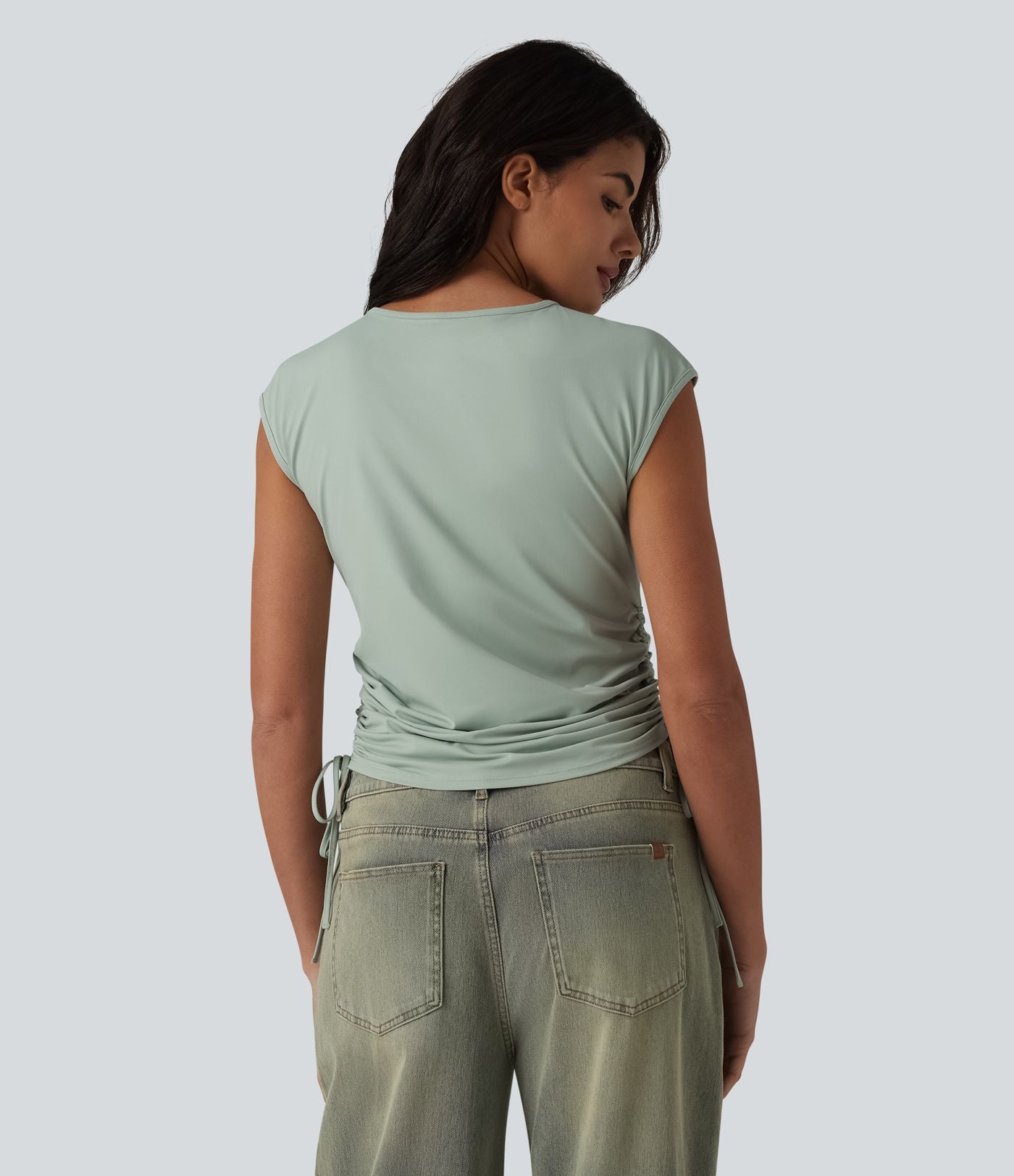 T-shirt casual col rond à manches courtes couvrantes avec cordon de serrage