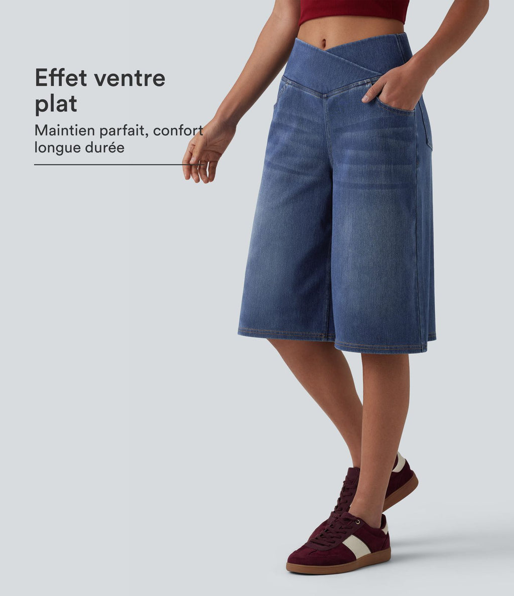 Short en jean ample Halara Flex™ taille haute croisé gainant décontracté avec poches