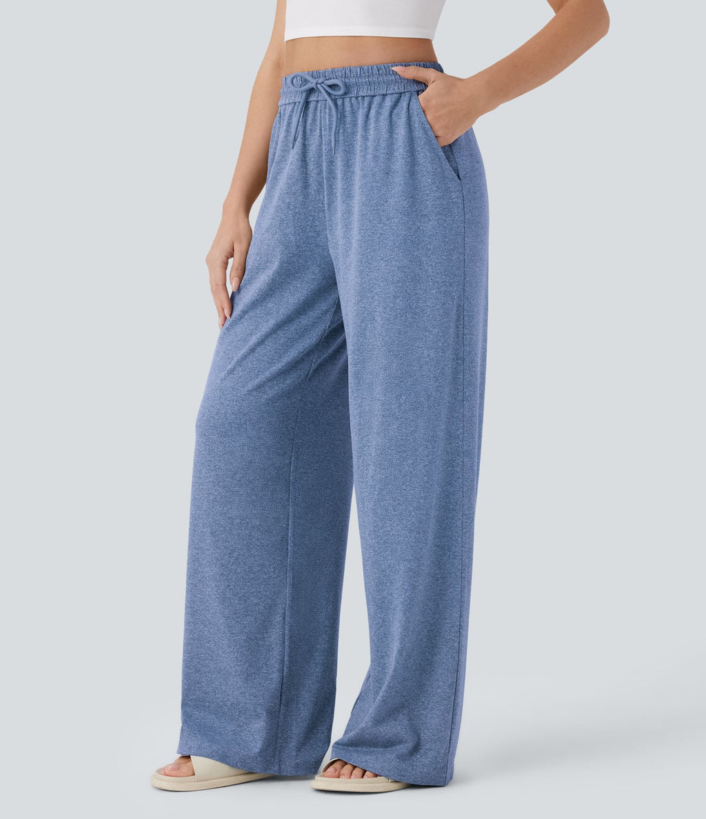 Pantalon large décontracté taille haute avec cordon de serrage et poches latérales