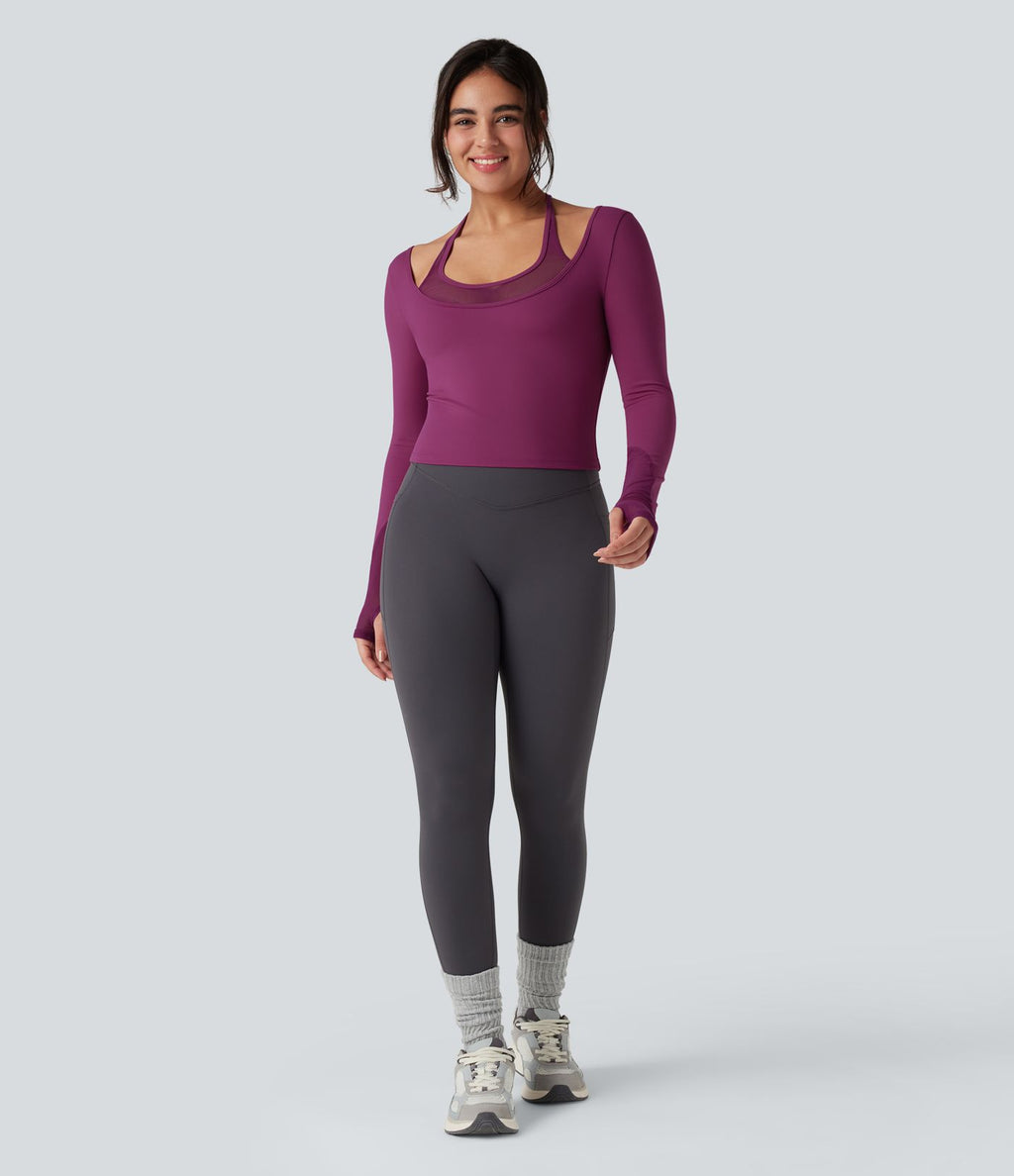 Top de sport yoga SoftlyZero™ Plush dos nu mesh contrastant manches longues avec trous pouces