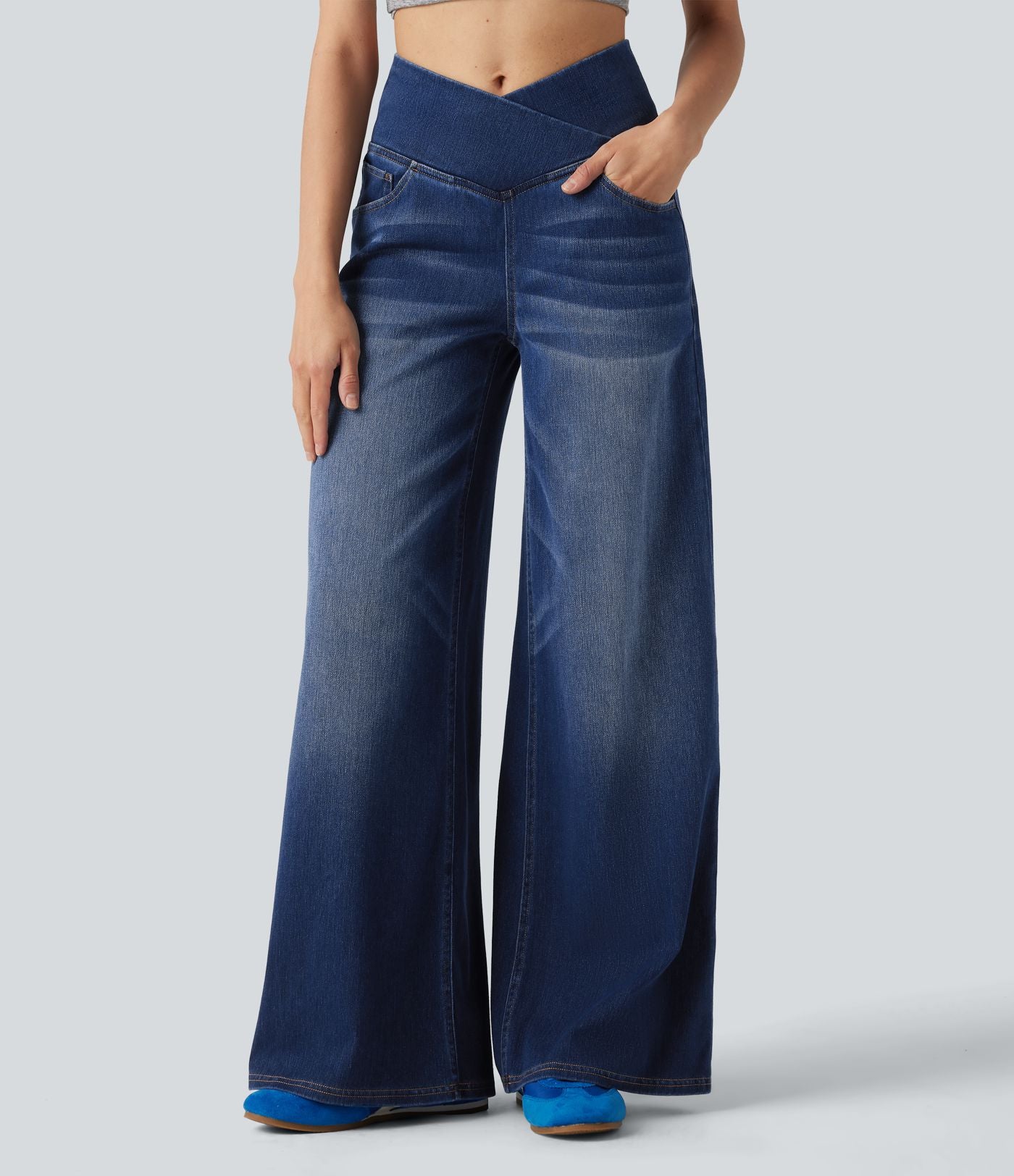Halara Flex™ Jean large casual taille haute croisée ventre plat, avec poches
