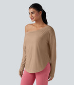 Top de sport yoga une épaule séchage rapide ourlet arrondi asymétrique manches longues avec trous pouces - Brassière intégrée