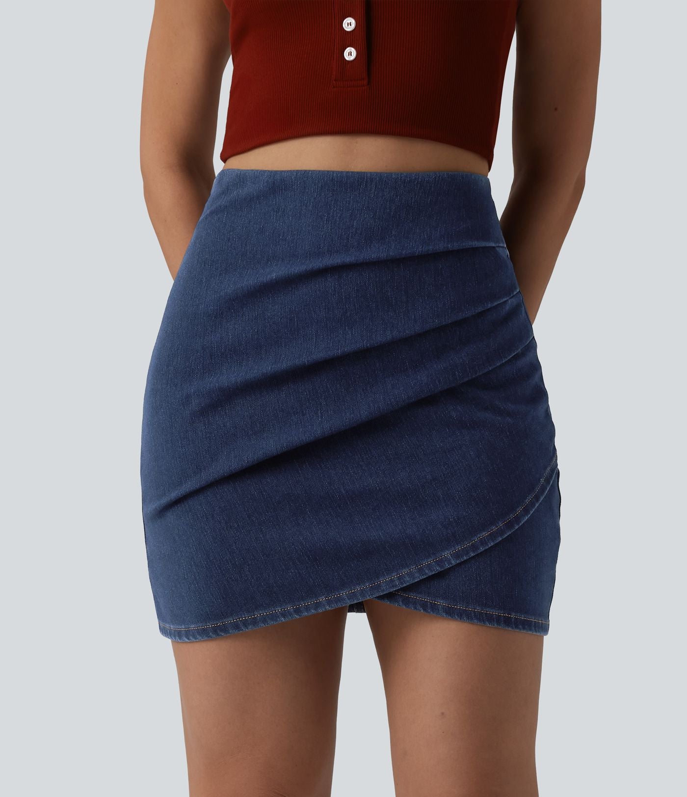 Jupe mini moulante décontractée Halara Flex™ en denim taille haute froncée ourlet croisé