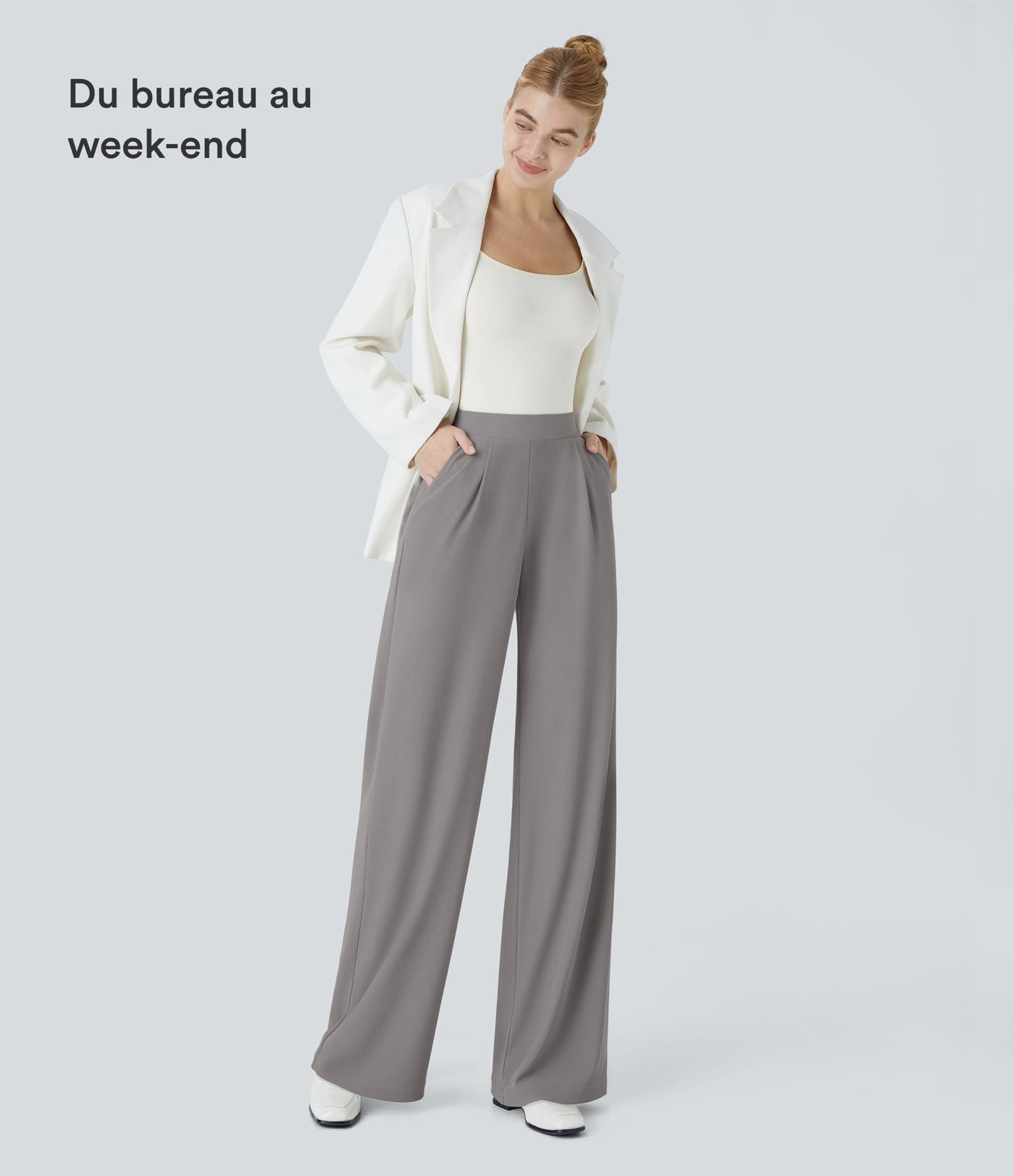 Halara Flex™ Pantalon Tailleur Évasé à Taille Haute Sculptant la Silhouette avec Poches Latérales Micro Waffle