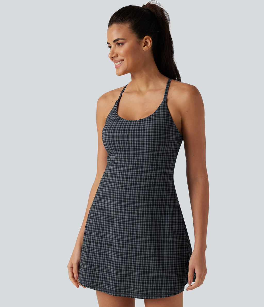 Robe sport de danse mini 2-en-1 avec brassière intégrée UltraSculpt™ à imprimé à carreaux avec poches - Édition Easy Peasy