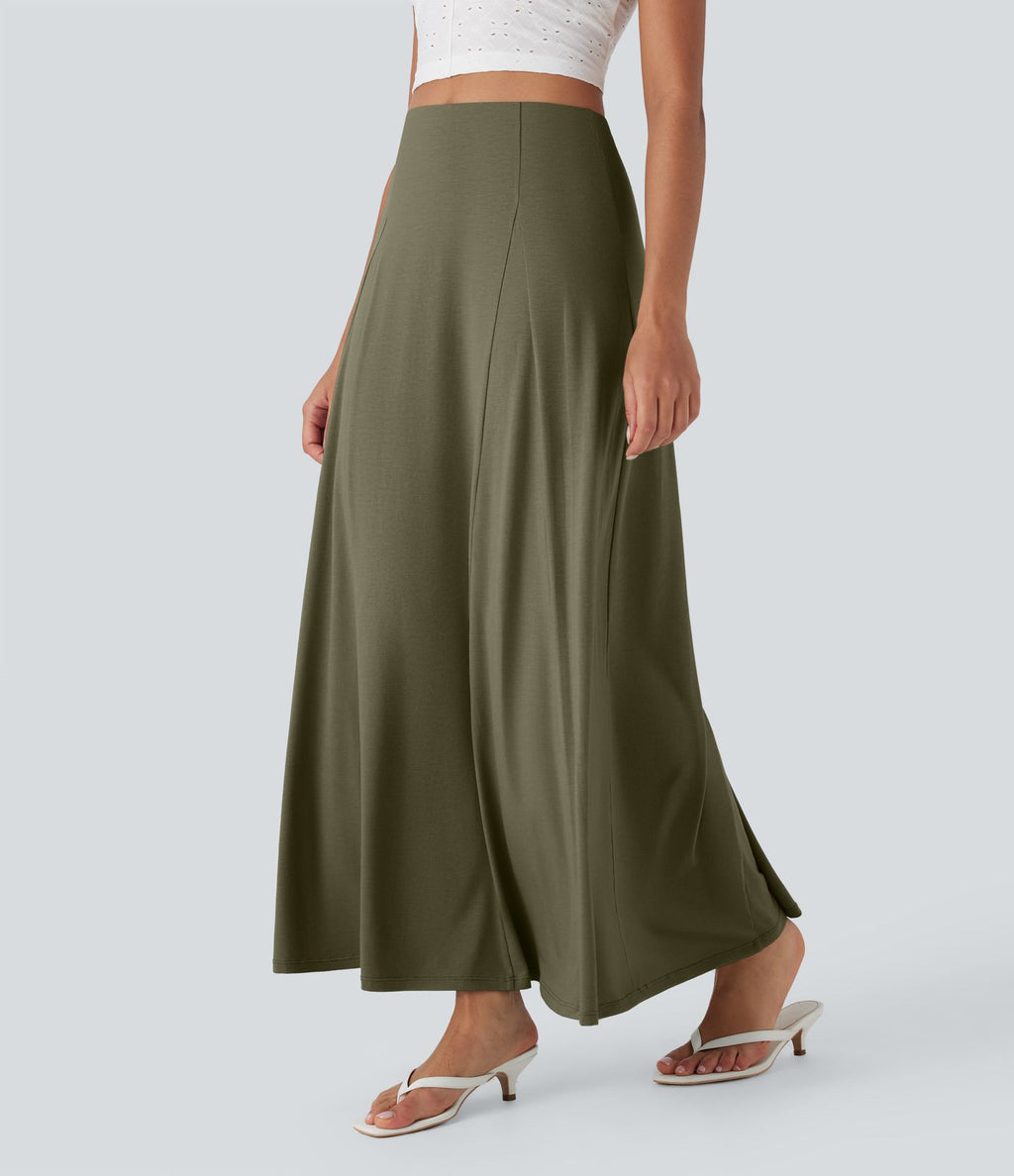 Jupe longue fluide évasée taille haute avec fermeture éclair latérale
