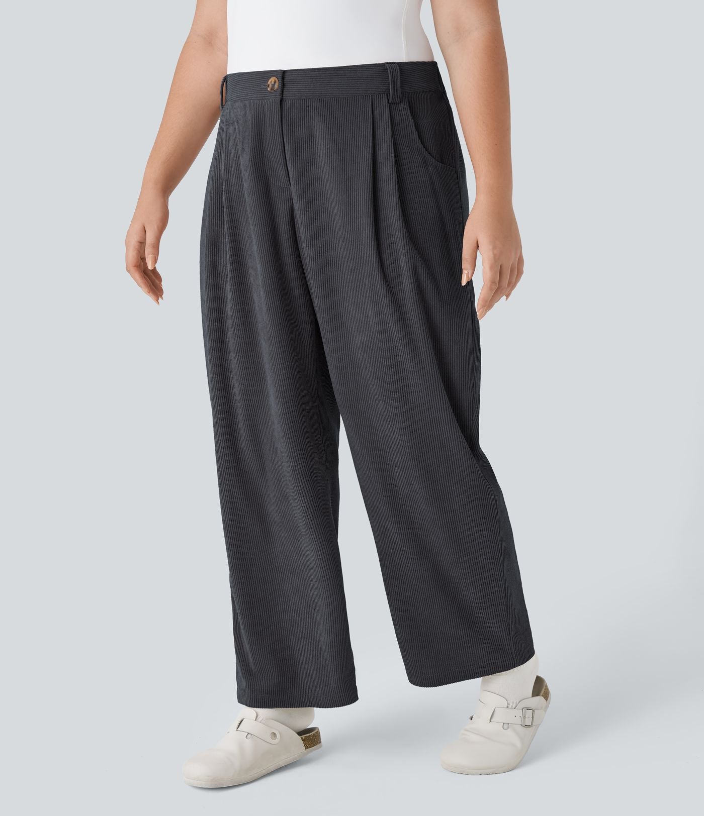 Pantalon Casual Grande Taille Velours Côtelé Taille Mi-haute Boutonnés Fermeture Éclair Poches Latérales