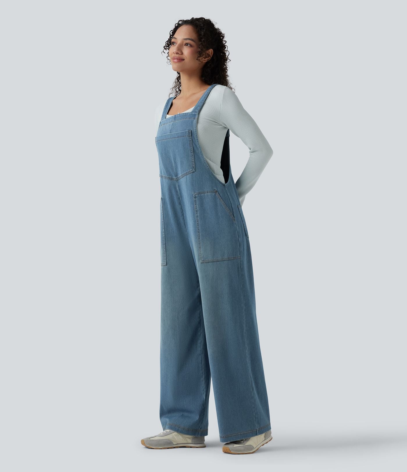 Salopette denim Halara Flex™ col carré effet délavé avec poches