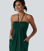 Robe resort mini dos nu à col licou avec lien noué dans le dos et poches