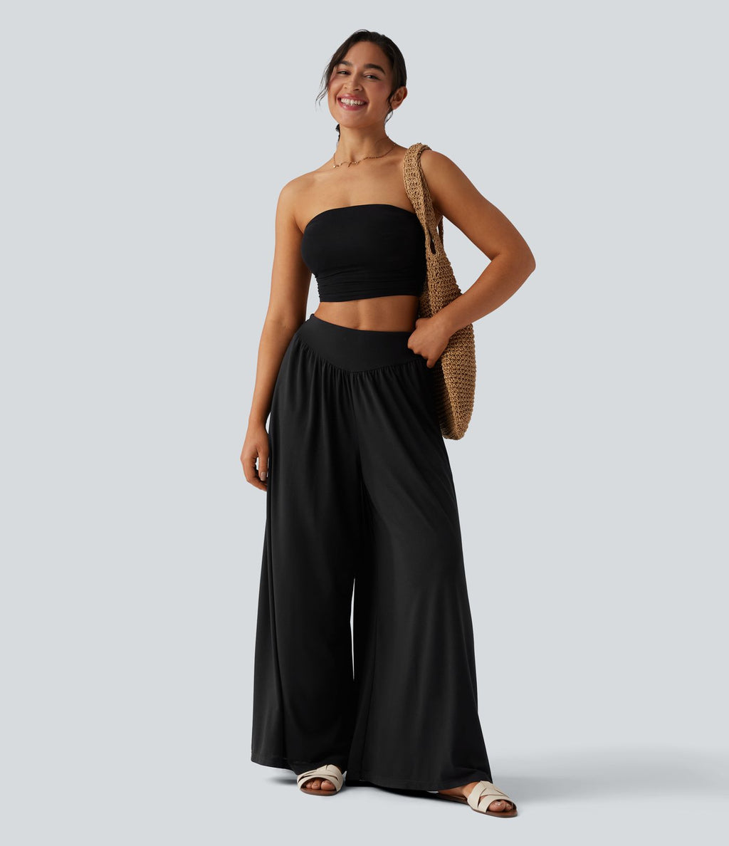 Pantalon fluide taille haute à fronces avec poches
