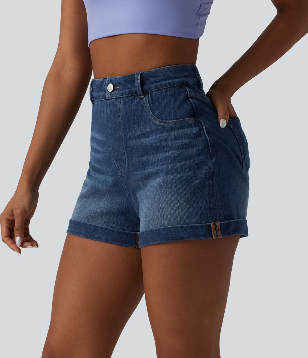 Short denim décontracté Halara Flex™ gainant taille haute ourlet roulotté avec poches