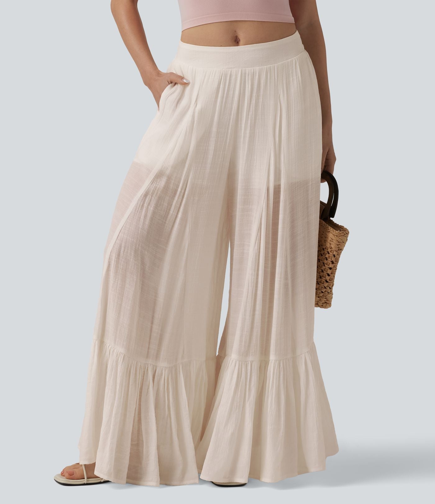 Pantalon baggy fluide taille mi-haute 2-en-1 avec poches
