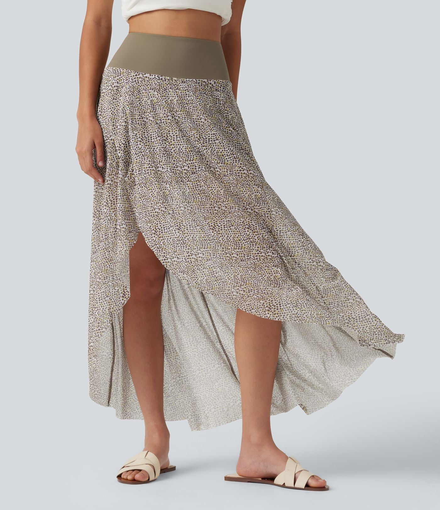 Jupe longue en mesh imprimé léopard taille haute asymétrique à volants 2 en 1