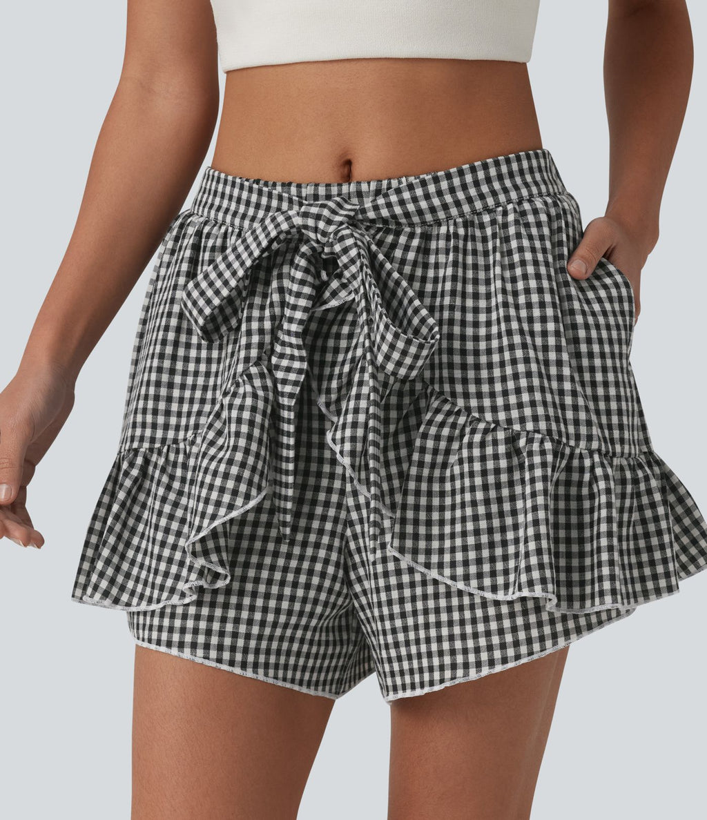Short resort à volants en vichy aspect lin taille mi-haute avec nœud frontal et poches
