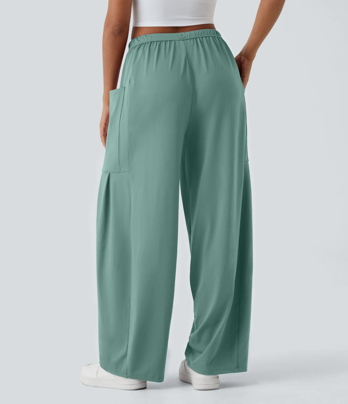 Pantalon Large Fluide Taille Mi-Haute Taille Élastique Cordon Poches Latérales Ourlet Flottant