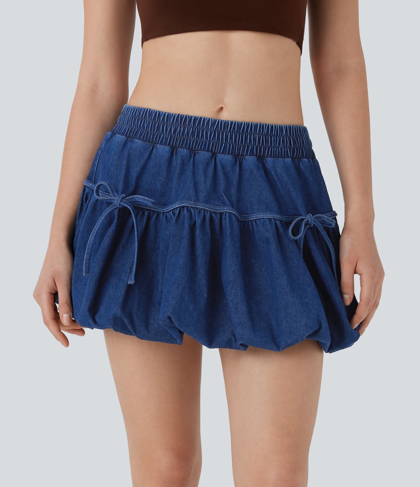 Halara Flex™ jupe-short boule mini 2-en-1 taille moyenne à nœud en jean extensible délavé