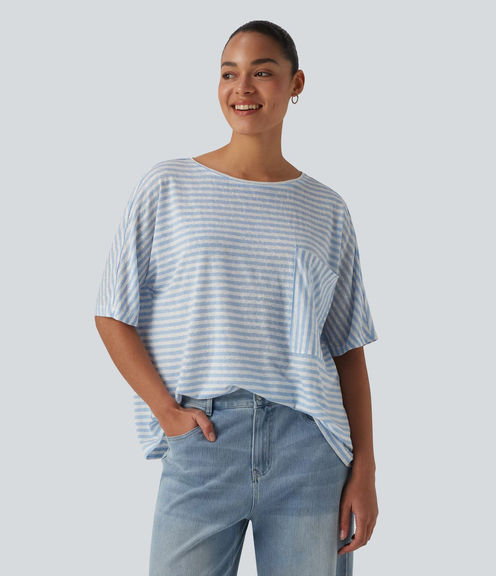 T-shirt col rond manches chauve-souris à rayures en lyocell avec poche poitrine