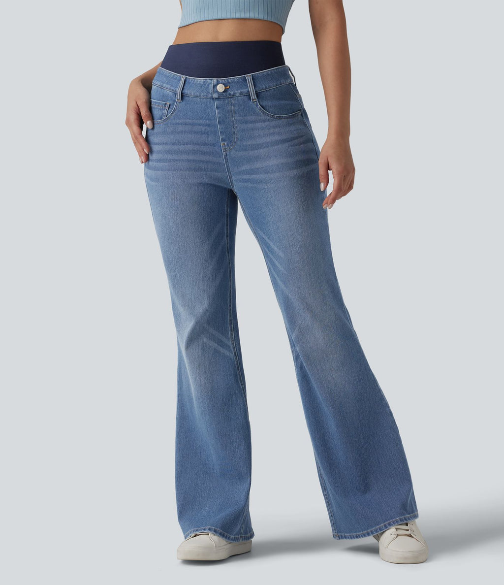 Jean évasé décontracté Halara Flex™ double ceinture gainant taille haute avec poches